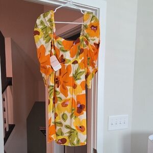 Yellow & Orange Floral Square-Neck Women's Dress